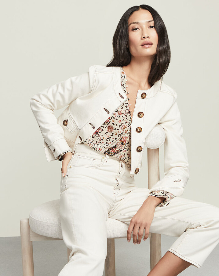 collarless black denim jacket