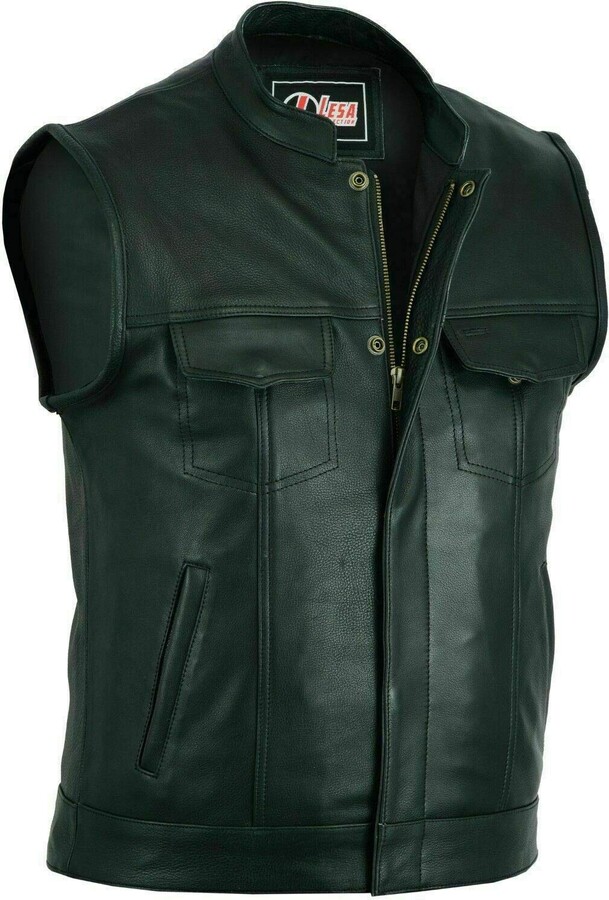 Lesa Collection Mens Real Leather Waistcoat Plus Size Chrome Motorcycle