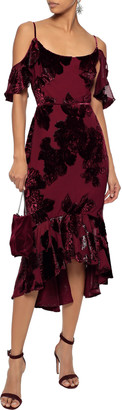 Marchesa Notte Cold-shoulder Ruffle-trimmed Devore-chiffon Dress