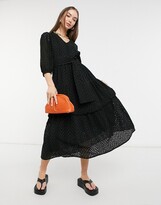 Thumbnail for your product : Selected organic cotton midi dress in black chevron broderie