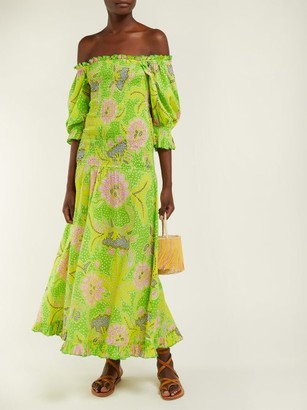 Rhode Resort Eva Off-the-shoulder Smocked-cotton Dress - Green Multi