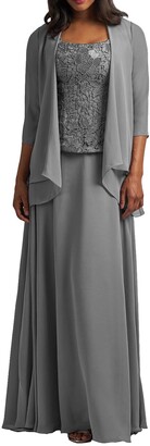HUINI Chiffon Mother of The Bride Dress with Jacket Lace Prom Dress Formal Evening Gowns Long Plus Size Grey UK32
