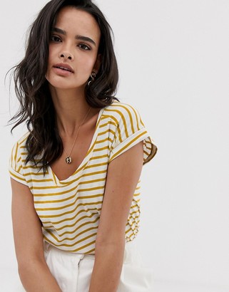 Esprit stripe crew neck t-shirt with turn up sleeve yellow