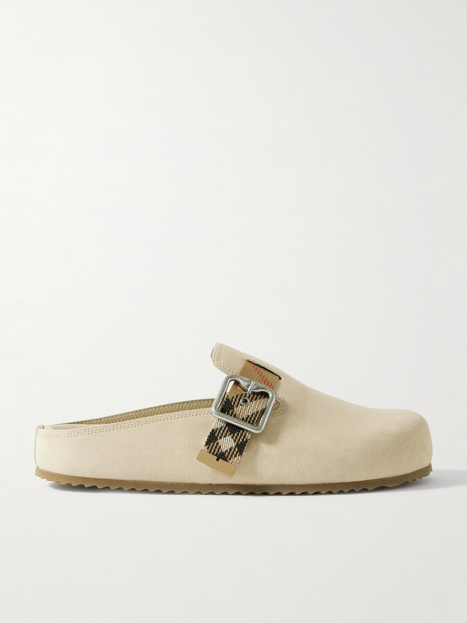 Burberry Checked Jacquard-trimmed Buckled Suede Clogs - Neutrals