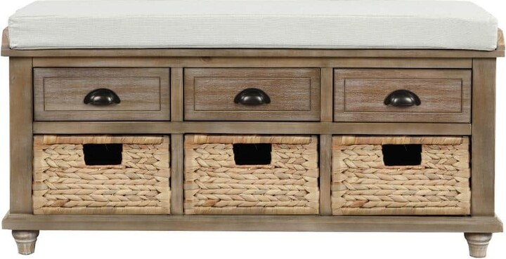 Qualler White Washed Rustic Storage Bench with 3-Drawers and 3-Rattan Baskets 42.1 in. W x 15.4 in. D x 18.7 in. H
