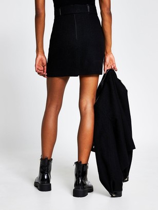 River Island Pu Trim Boucle Mini Skirt - Black