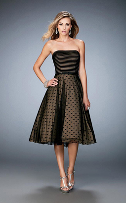 La Femme 22961 Strapless Dot and Stripes Tea Length Dress