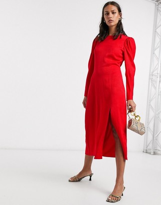 And other stories & dot jacquard puff sleeve midi dress in red