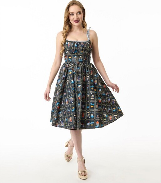 Unique Vintage Women's Sleeveless Swing Dress Black Tarot M/6-8