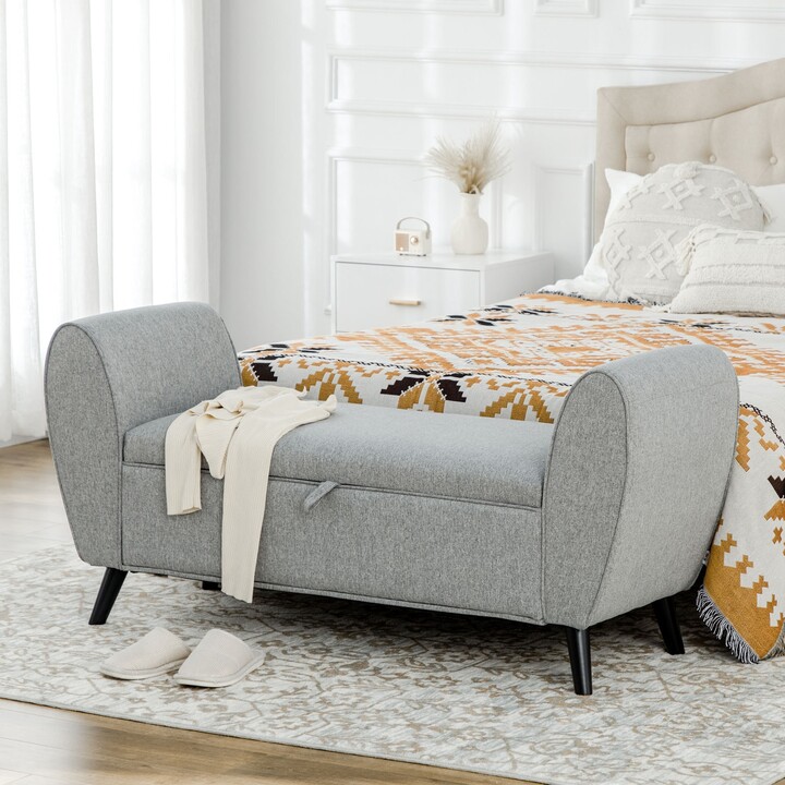 Modern Upholstered Storage Bench with Arms, LinenFeel Fabric