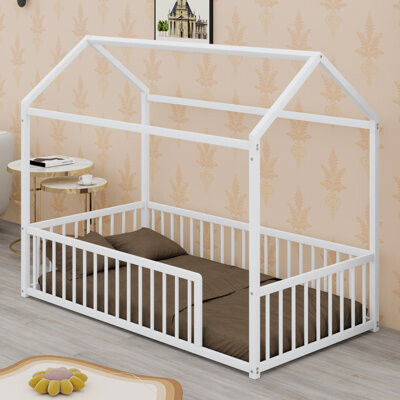 Wrought Studio Montessori Floor Bed With House Design And Protective Fence