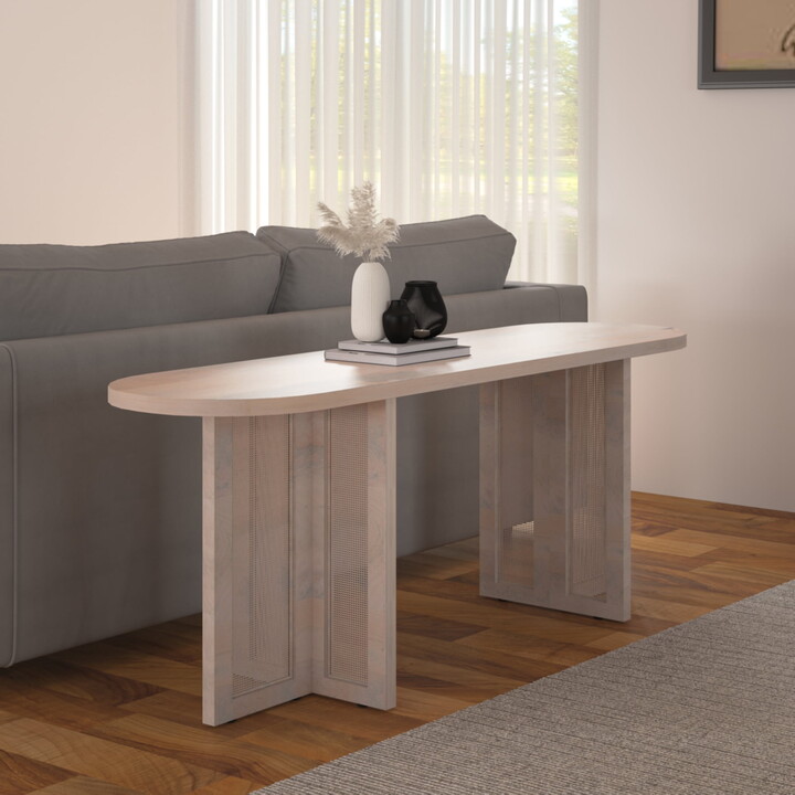 Ox Bay Theodore 57" Oval Console Table, Wood Top with Cane Screen Base, Whitewashed Finish