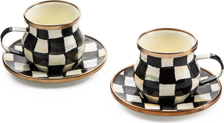 Mackenzie Childs Courtly Check Enameled Steel Espresso Cups & Saucers Set