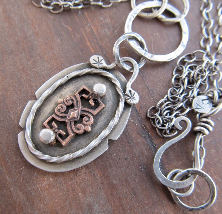 Etsy Long Victorian Style Necklace Filigree Mixed Metal Pendant Medallion Chain Jewelry Antique Style Funky Silver