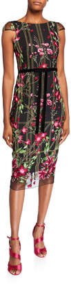 Marchesa Floral Embroidered Cap-Sleeve Tea-Length Dress