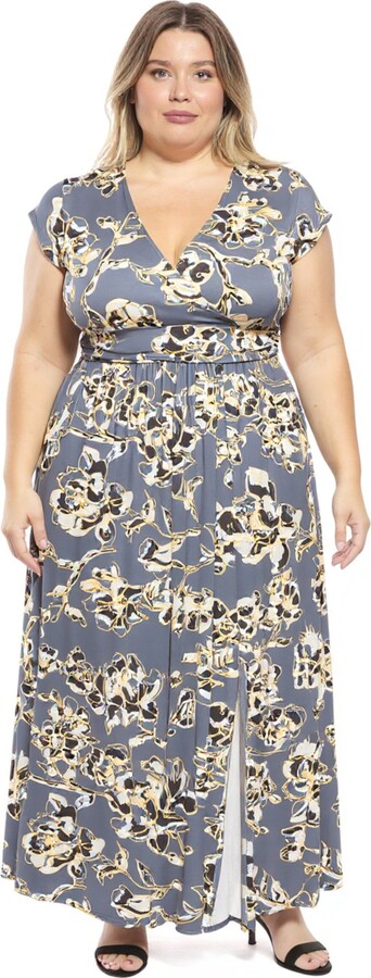 24seven Comfort Apparel Plus Size Floral V-Neck Cap Sleeve Side Slit Pocket Maxi Dress