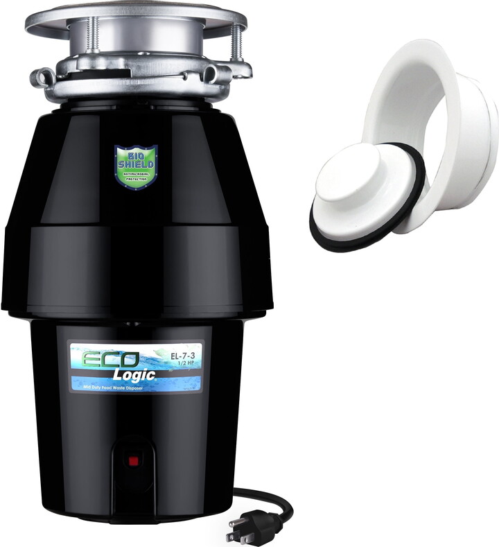EcoLogic Eco Logic 1/2 HP Continuous Feed Garbage Disposal with White Sink Flange and Stopper Kit 10-US-EL-7-DS-3B-WH