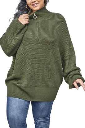 DEARCASE Women's Plus Size Plain Zipper Sweaters Long Sleeve Casual Knit  Pullovers Shirts Dark Green 4X-Large - ShopStyle