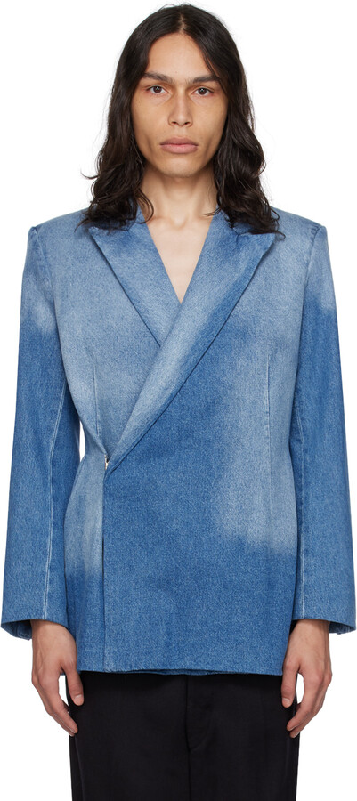 EGONlab Blue Double-Breasted Denim Blazer - ShopStyle
