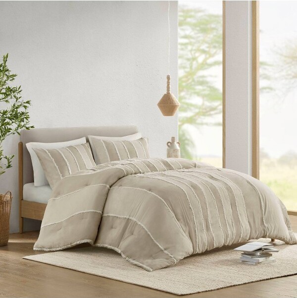 INK+IVY Ink+Ivy3pcKing/CaliforniaKingShayStripedComforterSetTaupe:HypoallergenicJacquardWeaveOEKO-TEXCertified