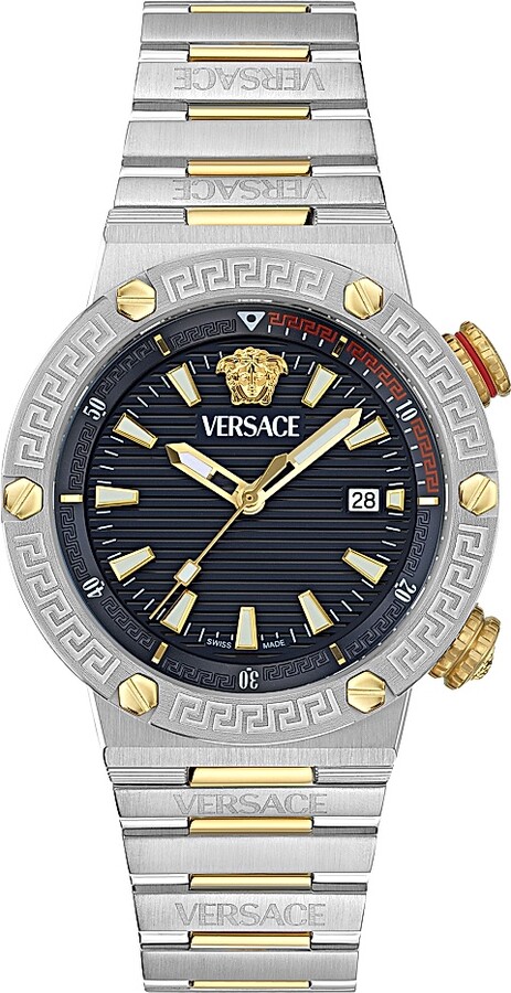 Men's Greca Logo Diver Stainless Steel Bracelet Watch/43MM - Two Tone Black