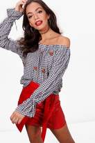 Thumbnail for your product : boohoo Ava Embroidered Gingham Off The Shoulder Top