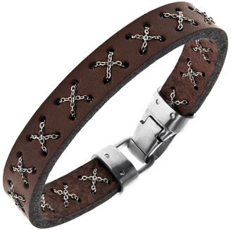 Sutton by Rhona Sutton Sutton Stainless Steel Crossed Chain Brown Leather Bracelet