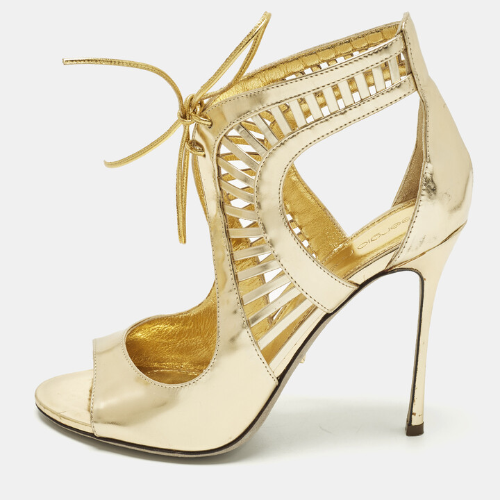 Sergio Rossi Size 37.5 Gold Leather Ankle Strap Sandals