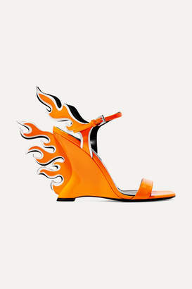 Prada 110 Neon Patent-leather Wedge Sandals - Bright orange