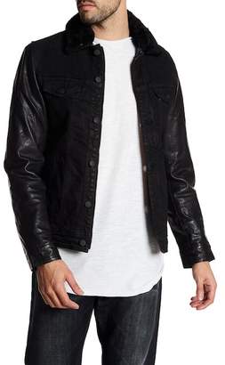 Gilded Age Faux Fur Collar Leather Sleeve Denim Jacket