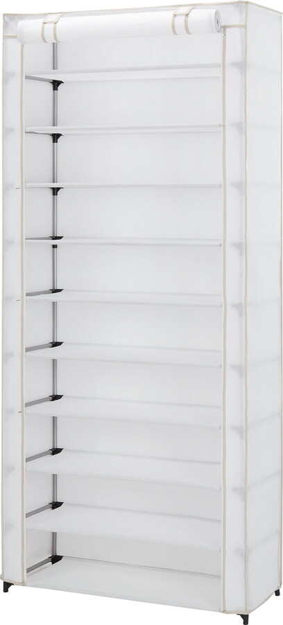 Mainstays 10 Shelf Organizer Shoe Rack with Cover to Hold 30 Pair Shoes, 31.5 in W x 13.46 in D x 69.09 in H, White