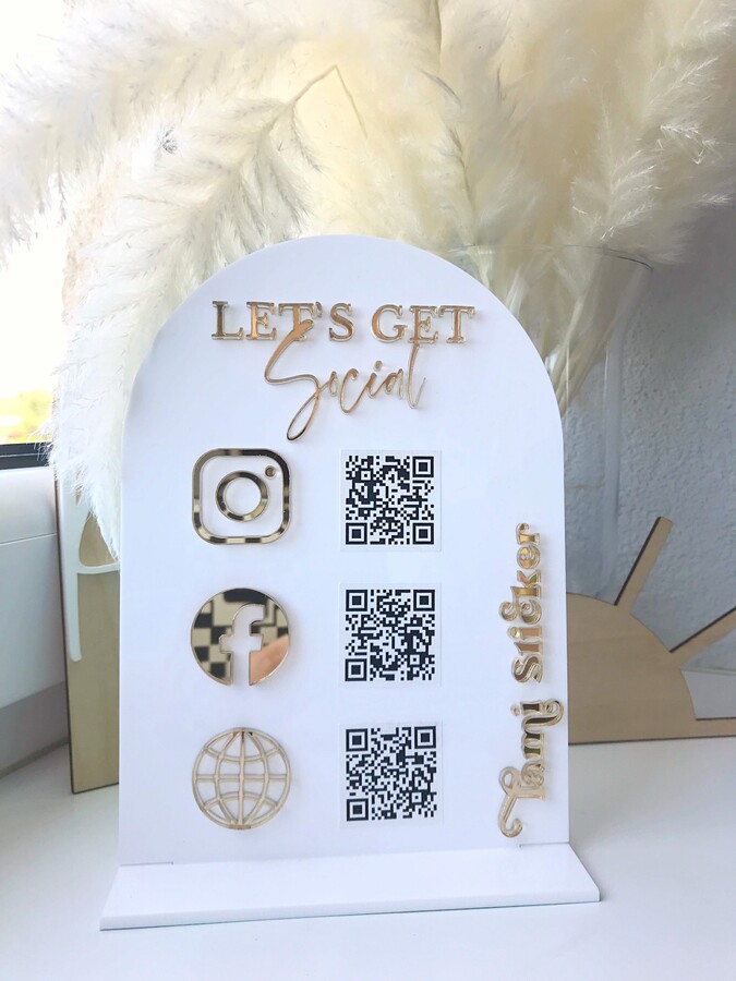 Let' Be Social - Scannable Qr Code Acrylic Sign For Media Your Business, Instagram Tiktok, Gold Acrylic Social Media Sign