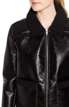 Trouve Faux Patent Leather & Shearling Jacket
