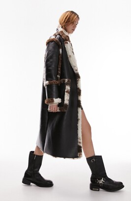 Topshop Reversible Faux Leather & Faux Shearling Belted Coat