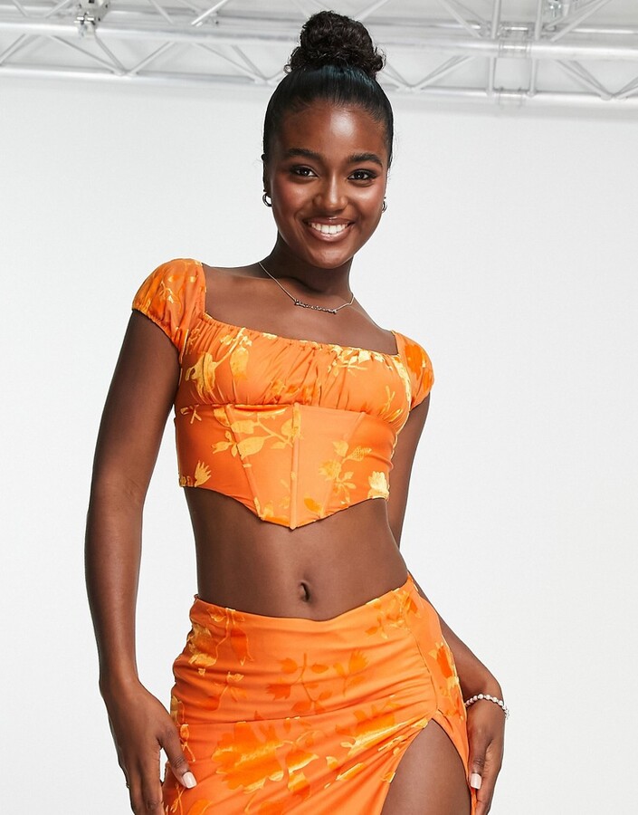 ASOS Sisters Of The Tribe orange devore corset top co-ord in burnt