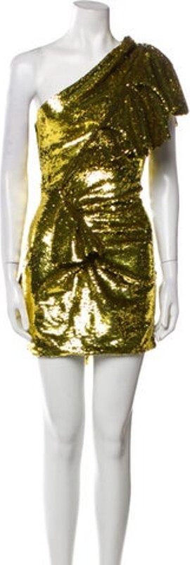 Alexandre Vauthier Dress Gold & Metallic Sequin Embellishments Short Sleeve with One-Shoulder Concealed Zip Closure at Side