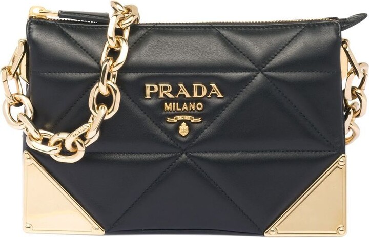 PRADA Arm Shoulder Bag - Gold Chain - Real Lambskin / Fur - Black Studded  Purse