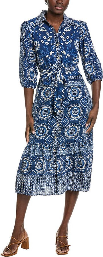 Maison Tara Engineer Print Miranda Short Sleeve Midi Dress