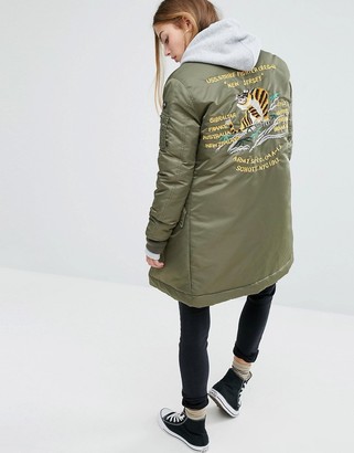 Schott Longline Bomber Jacket With Back Embroidery Detail