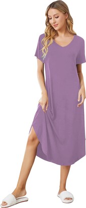 SUNNYME Nightgowns for Women Long/Short Sleeve Sleepshirt Plain Nightdress V-Neck Sleepwear Dress with Irregular Hem 