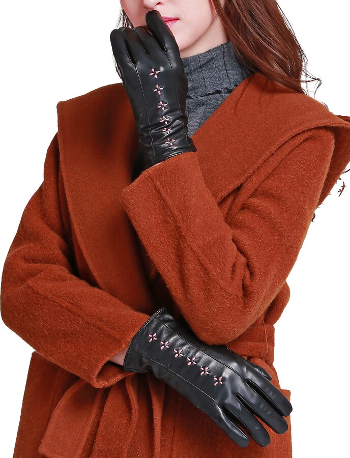 Womens Ladies Brown Leather Gloves Winter Warm Fleece Lined Button Design 