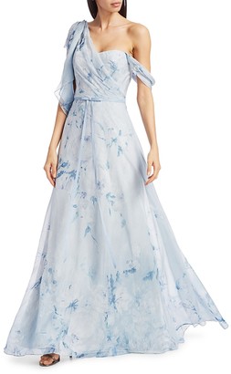 Marchesa Notte One-Shoulder Floral Chiffon Pleated Gown