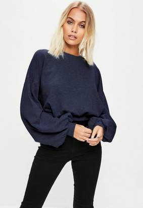 Missguided Navy Cropped Ruched Sleeve Sweatshirt