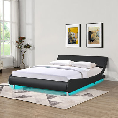 Queen Size Black Faux Leather Platform Bed Frame With Rgb Led Lights - Remote & App Control, Curve Design, Wood Slat Support, No Box Spring Needed, Ea