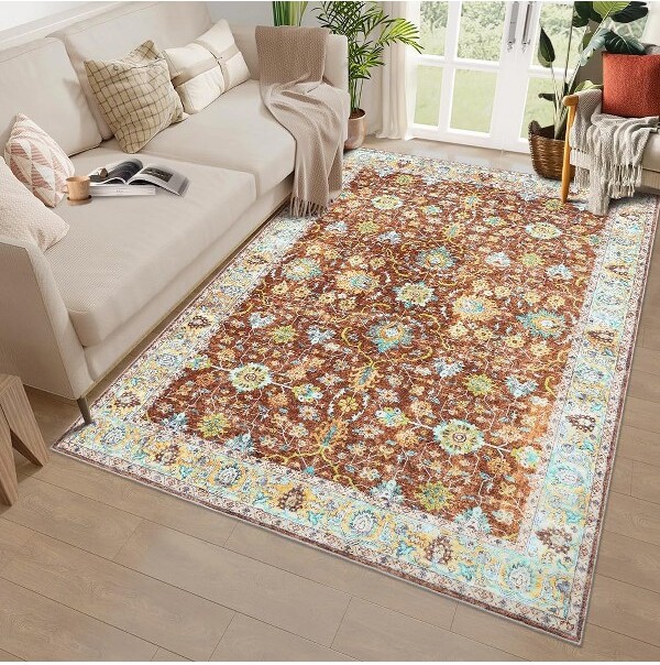 Coolmee 5x7WashableVintageBohoGometricRugNon-SlipLowPileforLivingRoomBedroomDiningKitchenBrown