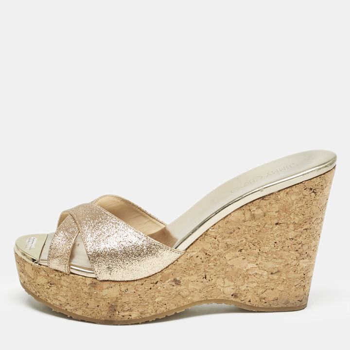 Jimmy Choo Metallic Gold Glitter Prima Cork Platform Wedge Sandals Size 37