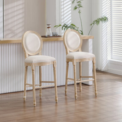One Allium Way French Country 30'' Height Bar Chairs Set Of 2, Upholstered Chairs With Round Back, Wire Drawing And Carving Techniques ,Disassemblable , For Livin