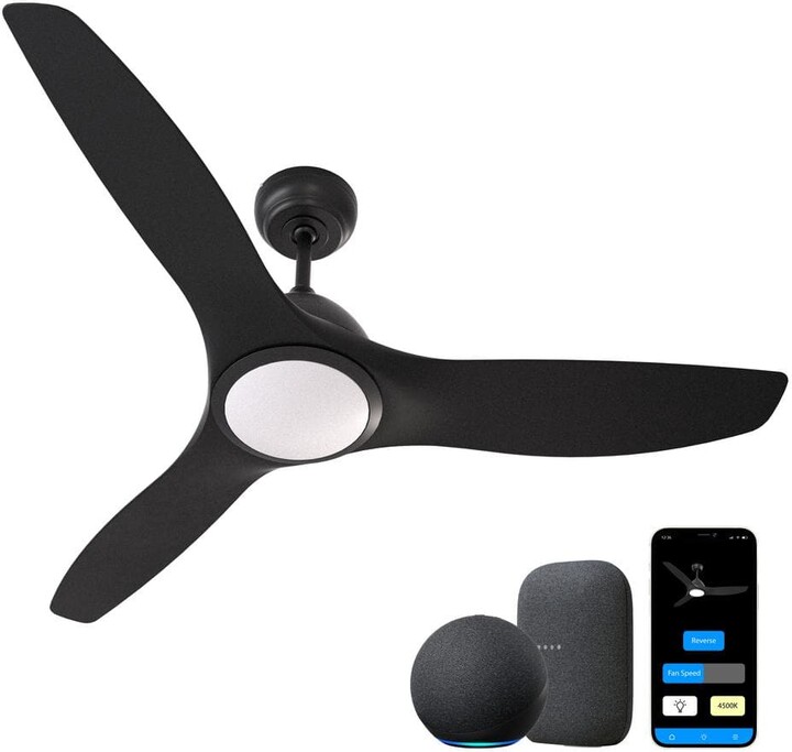 All Seasons 52 in. Ceiling Fan with Light for Indoor, Quiet, Alexa/Google, 3 Color LED Lights, Reversible, Black