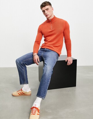 Caxton Half Zip Contrast Blue Piping Elbow Hem 100% Wool Burnt Orange Sweater 