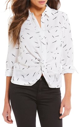 Gianni Bini Cullen Feather Printed Twist Front Button Down Blouse